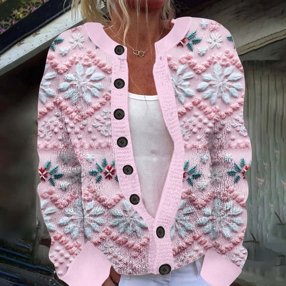 Cardigan Sweaters for Women Christmas Printed Crew Neck Button Down Cozy Long Sleeve Jacket Warm 2025 Fall Winter Trendy Loose Casual Women's Sweaters Pink M