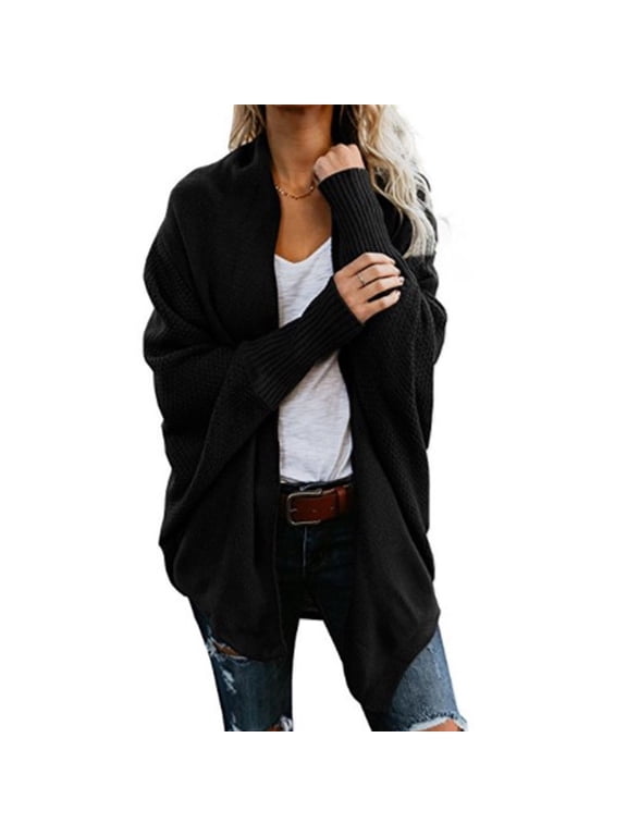 Cardigan Sweaters for Women Casual Long Batwing Sleeve Lazzy Style Ribbed Knitted Sweater Plus Size Soft Elegant Loose Solid Color Coat Jumper Tops Black qILAKOG Size S