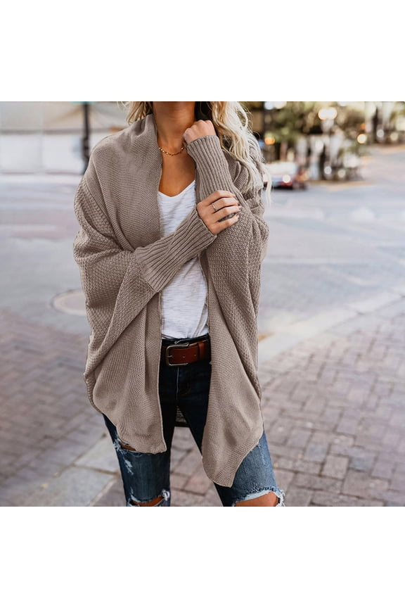 Cardigan Sweaters for Women Clearance Casual Long Batwing Sleeve Lazzy Style Ribbed Knitted Sweater Plus Size Soft Elegant Loose Solid Color Coat Jumper Tops Khaki qILAKOG Size M