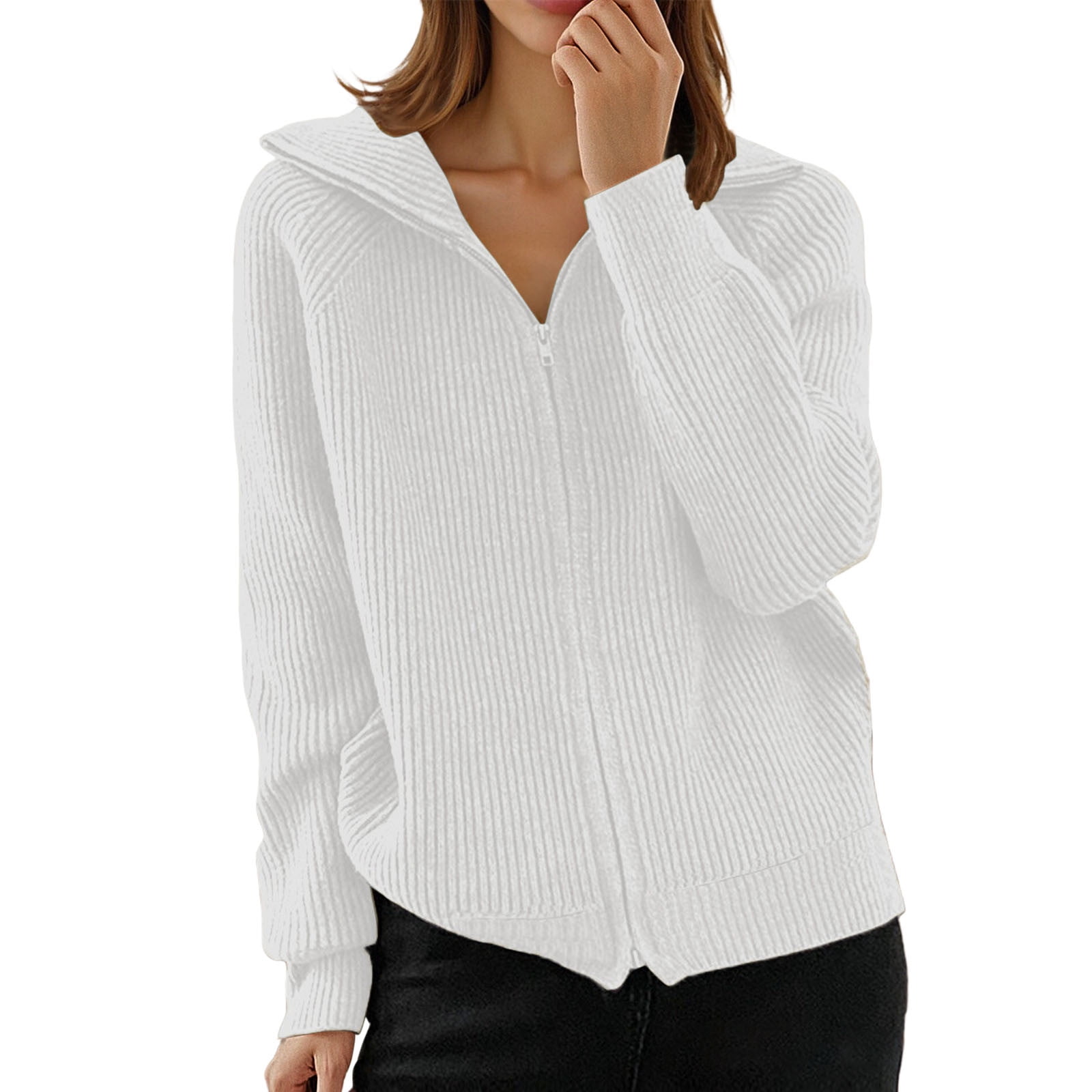 Women's High Collar Full-Zip Knit Cardigan - Long Sleeve Cozy Sweater for Stylish Comfort