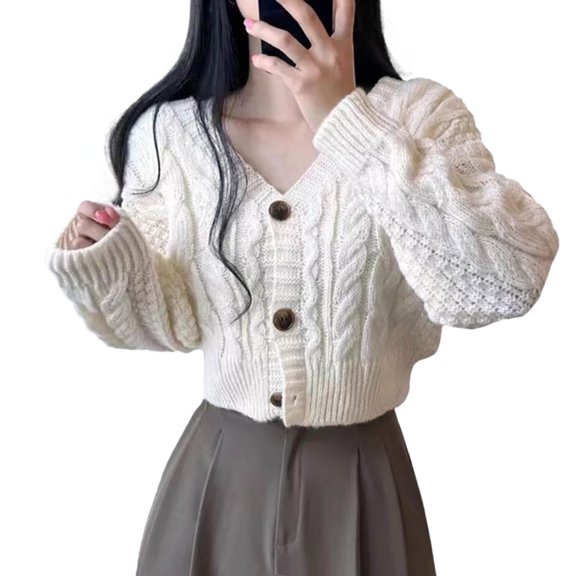 Cardigan Sweaters For Women Cropped Chunky Cable Knit Cardigan Sweater Long Sleeves Down Coat Blended Fabric Blending Jackets Outerwear Jackets 1Pc White One Size Sweaters For Women