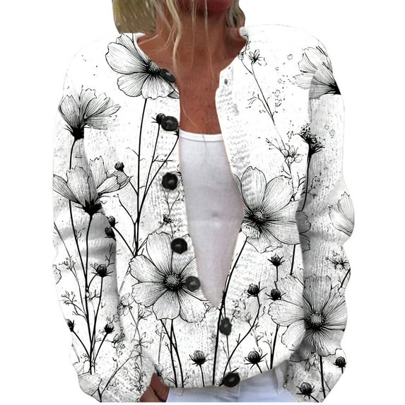 Cardigan Sweaters For Women Cute Print Fall Open Front Knit Cardigan Winter Casual Loose Button Down Long Sleeve Coat Polyester Spandex Blending Jackets 1X White M Sweaters For Women