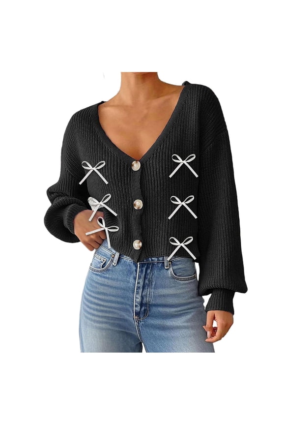 Cardigan Sweaters for Women Deep V Neck Cardigans Bow Button Trendy Dressy 2025 Fall Long Lantern Sleeve Knit Open Front Lightweight Sweater Cute Teen Y2K Fashion Clothing