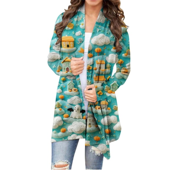 Cardigan Sweaters For Women Halloween Costume Fashion Casual Party Pumpkin Cardigan Medium Length Front Knit Sweater Top Polyester Spandex Blended Cardigan 1Pc Blue 2Xl Sweaters For Women