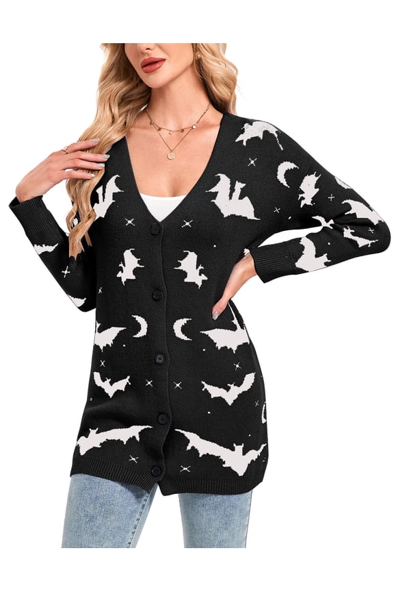 Cardigan Sweaters for Women Halloween Day Sweaters Bat Printed Knit Button V Neck Open Front Long Sleeve Mid-Length Fall Fashion Outerwear Cardigans Alsol Lamesa