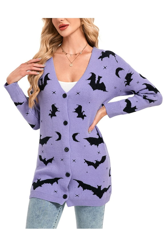Cardigan Sweaters for Women Halloween Day Sweaters Bat Printed Knit Button V Neck Open Front Long Sleeve Mid-Length Fall Fashion Outerwear Cardigans Alsol Lamesa