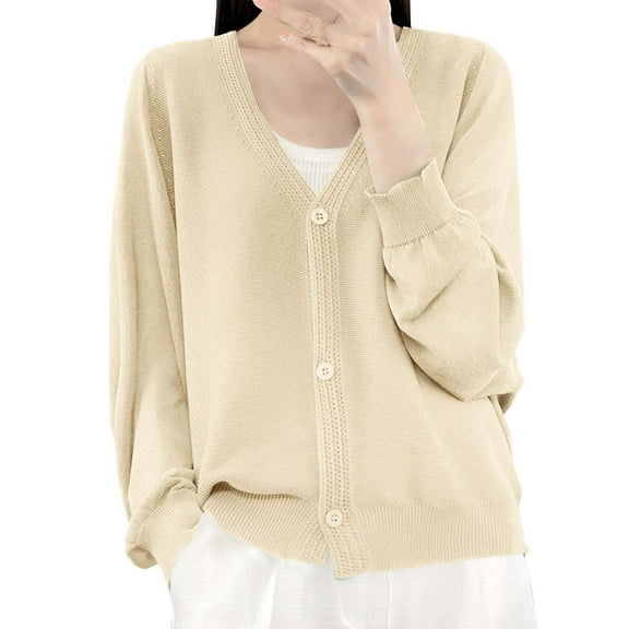 Cardigan Sweaters For Women Ice Linen Loose Thin Cardigan V Neck Long Sleeve Style Cotton And Linen Blended Cardigan Outerwear Jackets 1Pc Beige M Sweaters For Women