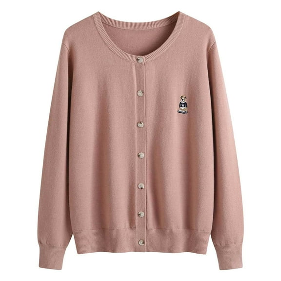 Cardigan Sweaters For Women Knit Cardigan With Bear Embroidery Autumn And Winter Style Round Neck Sweater Coat For Fashionable Ladies Open Front Cardigan For Women