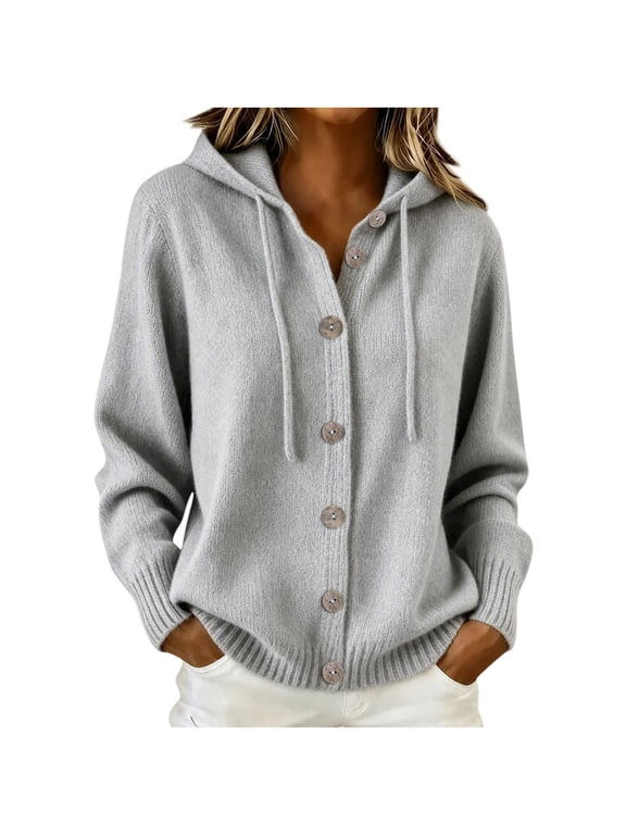 Cardigan Sweaters for Women Knit V Neck Button Drawstring Long Sleeve Hooded Sweater Oversized Fall Winter Hoodies intended for cooler weather layering