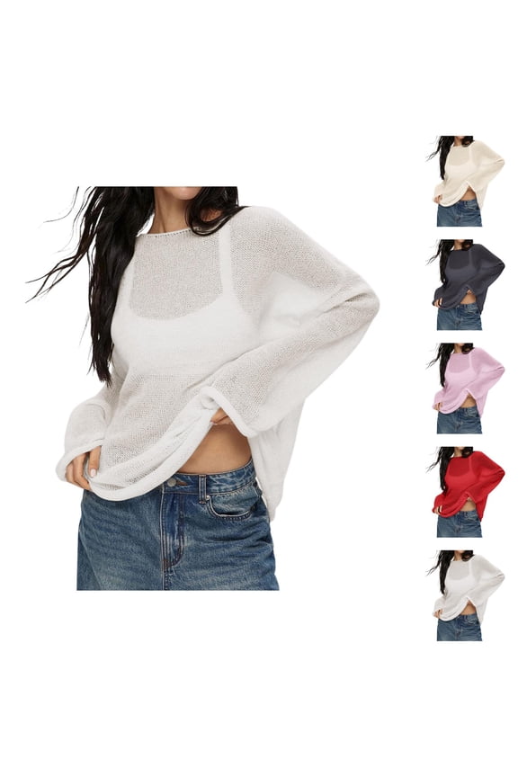 Cardigan Sweaters for Women Lightweight Knit Casual Bohemian Vacation Beach Style Women Oversized Long Sleeve Sheer Mesh Knit Sweater Tops Summer Loose Hollow Out Pullover Shirt Beach