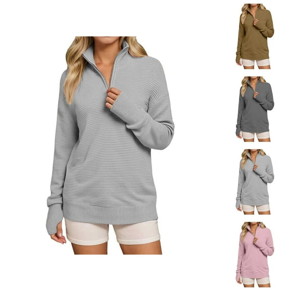 Cardigan Sweaters for Women Lightweight Knit Casual Bohemian Vacation Summer Clothing Women's Comfortable Long Sleeve Half Zipper V Neck Casual Rib Knitted Sweater Women's Pullover Top