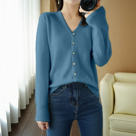 Cardigan Sweaters for Women Long Sleeve Knit V-Neck Button Up Light Weight Cardigan Women Open Front Light Blue Layering Top Winter Clothing for Women