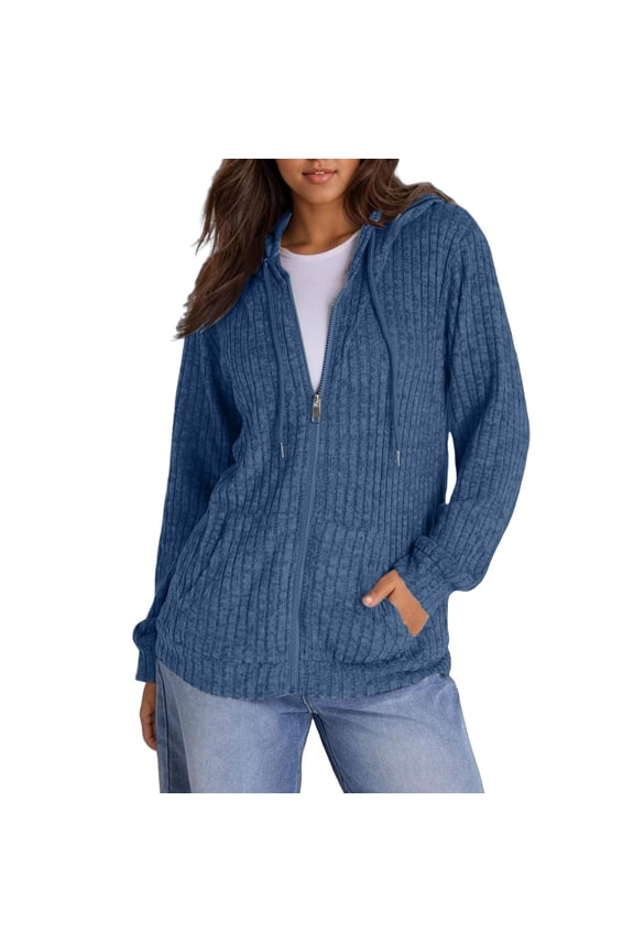Cardigan Sweaters For Women Long Sleeve Knitted Zip Up Ribbed Pullover Loose Casual Sweatshirt With Pocket Nylon Spandex Blending Jackets Outerwear Jackets 1Pc Blue Xl Sweaters For Women