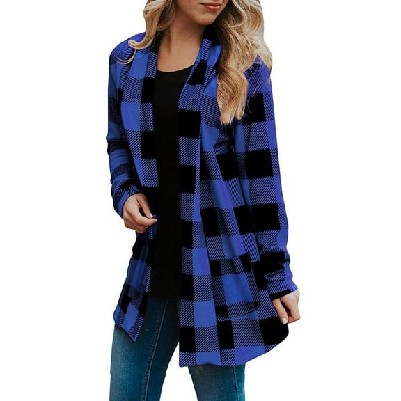 Cardigan Sweaters For Women Long Sleeve Plaid Cardigan Fall Fashion Checkered Coat Top Cotton Blending Coats Outerwear Jackets 1Pc Blue L Sweaters For Women
