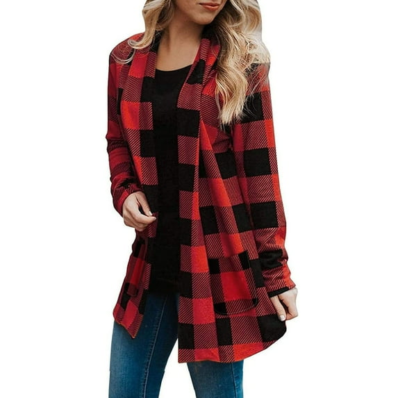 Cardigan Sweaters For Women Long Sleeve Plaid Cardigan Fall Fashion Checkered Coat Top Cotton Blending Coats Outerwear Jackets 1Pc Red M Sweaters For Women