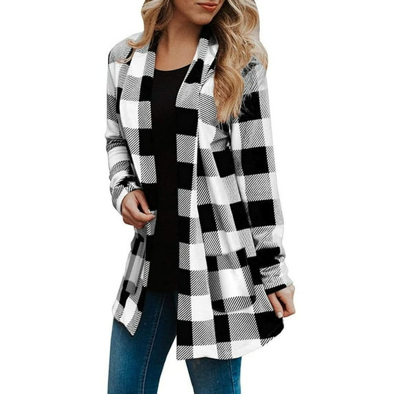 Cardigan Sweaters For Women Long Sleeve Plaid Cardigan Fall Fashion Checkered Coat Top Cotton Blending Coats Outerwear Jackets 1Pc White 2Xl Sweaters For Women