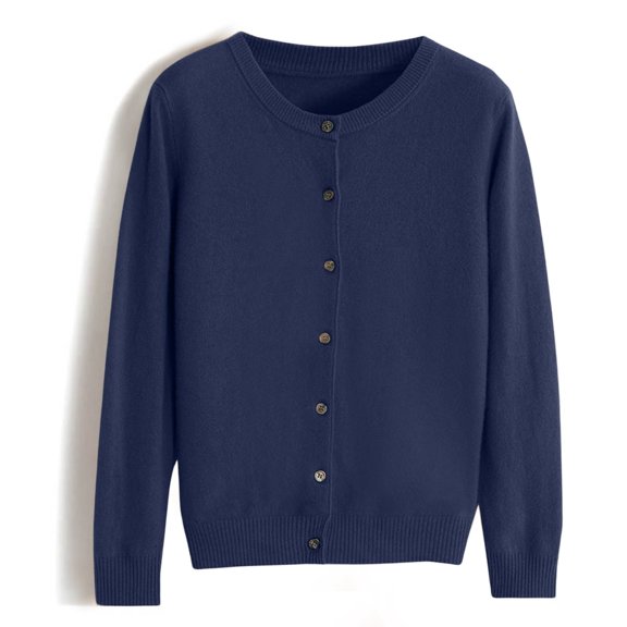Cardigan Sweaters for Women Long Sleeve Round Neck Knitted Button Up Cropped Sweaters for Women Open Front Dark Blue Layering Top Fall Outfits for Women