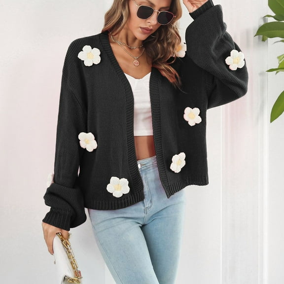 Cardigan Sweaters for Women Ndbuld Women's Winter Heavy Three-Dimensional Embroidery Flower Lantern Sleeve Loose Knit Sweater Cardigan Coat Gift for Adults Black M