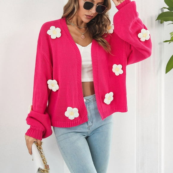 Cardigan Sweaters for Women Ndbuld Women's Winter Heavy Three-Dimensional Embroidery Flower Lantern Sleeve Loose Knit Sweater Cardigan Coat Gift for Adults Hot Pink M