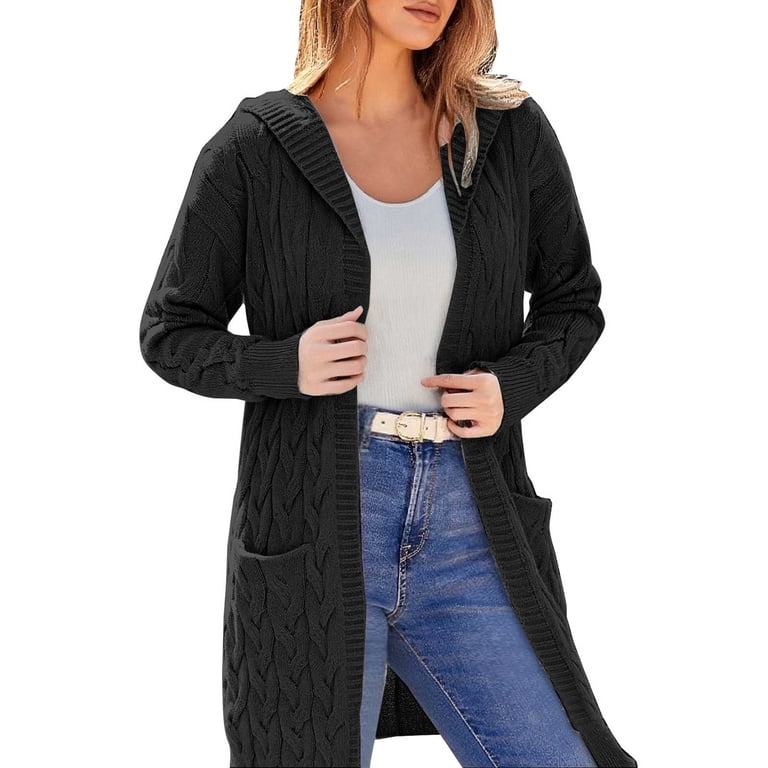 Cardigan Sweaters For Women Open Front Cable Knit Cardigan Solid Color  Chunky Long Sweater Coat Polyester Spandex Blending Jackets 1Pc Black S