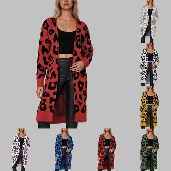 Cardigan Sweaters for Women Open Front Knit Long Sleeve Leopard Print Sweater with Oversized Pocket Fall Winter Fashion Casual Comfy Crew Neck Yellow S