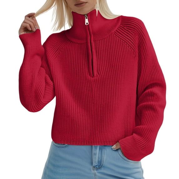 Cardigan Sweaters for Women, Short Lazy Style Half Zip High Neck Pullover Sweater For Fall And Winter Soft Loose Knit Top For Effortless Wear, Women's Sweaters(Red,A)