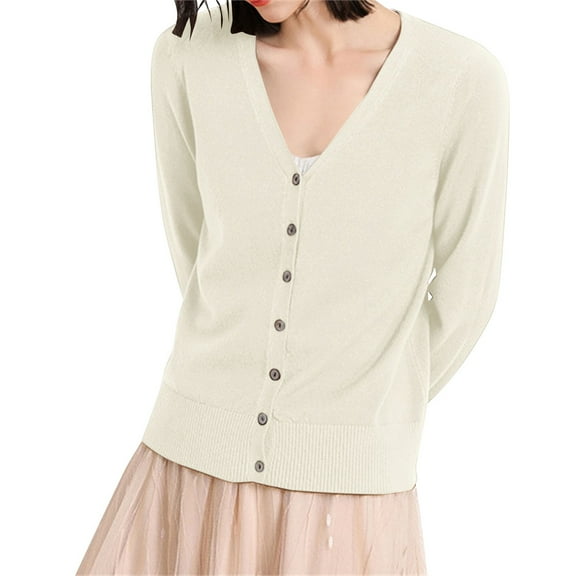Cardigan Sweaters For Women Solid Color Long Sleeve V Neck Straight Tube Knitted Cardigan Knitting Cotton Blended Cardigan Outerwear Jackets 1Pc White M Sweaters For Women