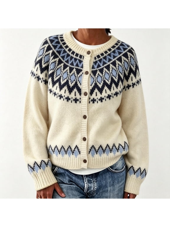 Cardigan Sweaters for Women Thick Long Sleeve Shirts Nordic Vaction Going Out Tops Crew Neck Open Fornt Button Down Sweaters Country Concert Tops Icelandic Sweater Womens Fall Fashion Sweaters Beige