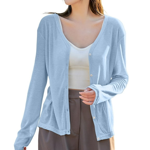 Cardigan Sweaters For Women Thin Long Sleeved V Neck Knitted Jacket Air Conditioning Shirt Cardigan Tops Knit Blending Jackets 1* Blue M Sweaters For Women