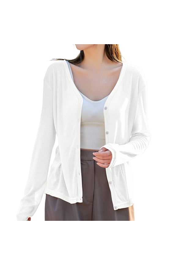 Cardigan Sweaters For Women Thin Long Sleeved V Neck Knitted Jacket Air Conditioning Shirt Cardigan Tops Knit Blending Jackets 1* White M Sweaters For Women