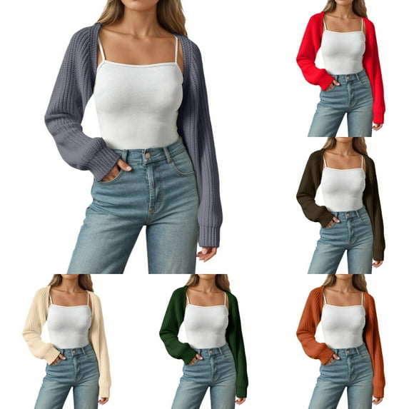 Cardigan Sweaters for Women Trendy Cropped Long Sleeve Fall Warm Ribbed Short Sweaters Casual Solid Color Open Front Outerwear Shrugs for Women Grey XL