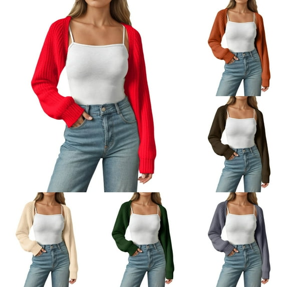 Cardigan Sweaters for Women Trendy Cropped Long Sleeve Fall Warm Ribbed Short Sweaters Casual Solid Color Open Front Outerwear Shrugs for Women Red XL