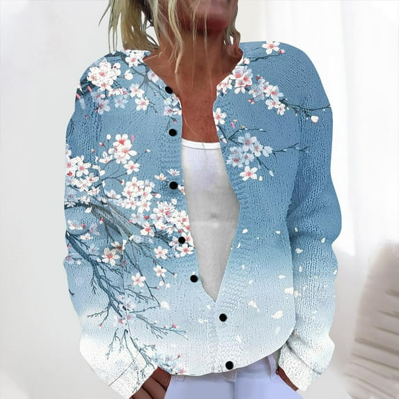 Cardigan Sweaters for Women Trendy Fall Fashion 2025 Ndbuld Ladies' Casual Printed Knitted Cardigan With Button Up Jacket And Top Gift for Girls Light Blue 2XL