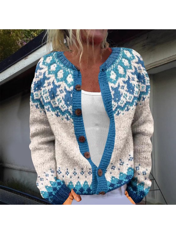 Cardigan Sweaters for Women Trendy Nordic Vaction Cute Graphic Warm Open Fornt Button Down Sweaters Icelandic Sweater Thick Office Work Sueters De Mujeres Long Sleeve Shirts Knit Coat Sweaters White