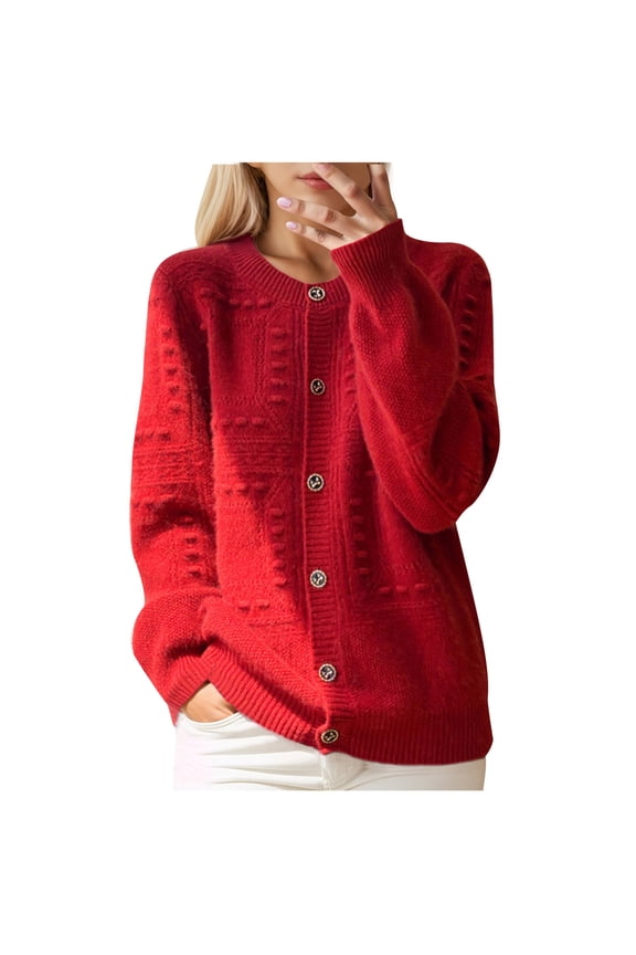 Cardigan Sweaters for Women, Women's Solid Color Round-Sleeve Jacquard Row-Button Soft Knitted Sweater Cardigan, Round-Neck Sweater, Long Cardigan Sweaters for Women