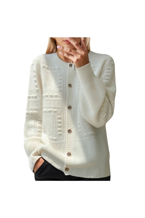 Cardigan Sweaters for Women, Women's Solid Color Round-Sleeve Jacquard Row-Button Soft Knitted Sweater Cardigan, Round-Neck Sweater, Long Cardigan Sweaters for Women