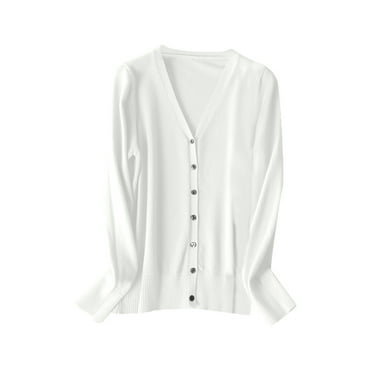 Cardigan Sweaters for Women Women's V Neck Knitted Cardigan Sweater Long Sleeve Spring Autumn Fashion Lightweight Layering Top Womens Cardigans White L