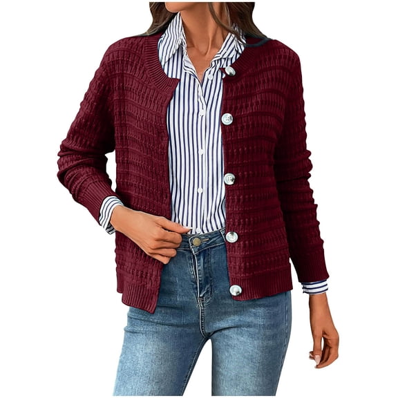 Cardigan Sweaters for Women, Yigetop Lady Temperament Crew Neck Knitted Top Retro Casual Single Breasted Long Sleeved Cardigan Sweater Coat Sweaters for Women Wine M