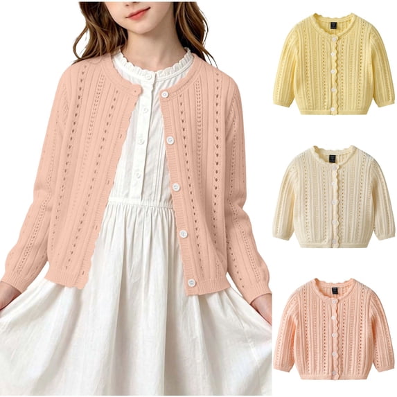 Cardigan Sweaters for Kids Children's Solid Color Round Neck Long Sleeved Knitted Cardigan Casual And Comfortable Cardigan Jacket Yellow S