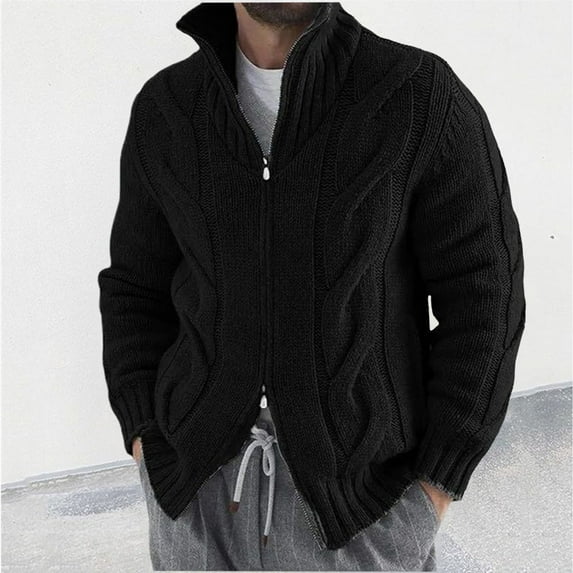 Cardigan Sweaters for Men Zip Up Long Sleeve Chunky Knitted Jackets Mens Casual Solid Color Thermal Warm High Neck Outerwear Sweater Coats
