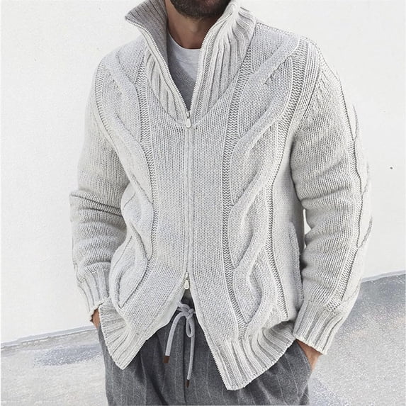 Cardigan Sweaters for Men Zip Up Long Sleeve Chunky Knitted Jackets Mens Casual Solid Color Thermal Warm High Neck Outerwear Sweater Coats
