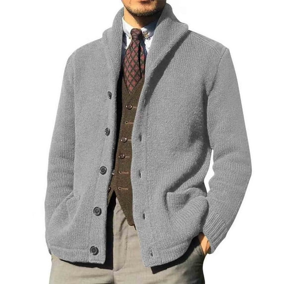 Cardigan Sweaters for Men with Pockets Chunky Knitted Long Sleeve Coats Button-Down Collared Casual Solid Color Thermal Warm Slim Outerwear Sweater