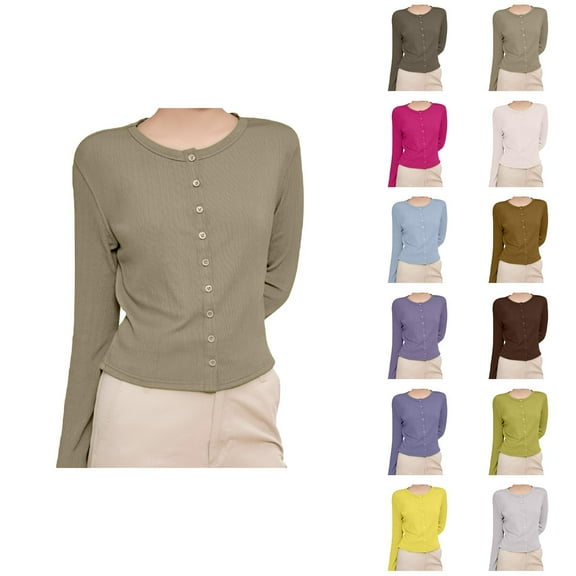 Cardigan Sweaters for Women 2025 Fall Long Sleeve Crewneck Button Down Plain Knit Cardigan Sweaters Blouse Top
