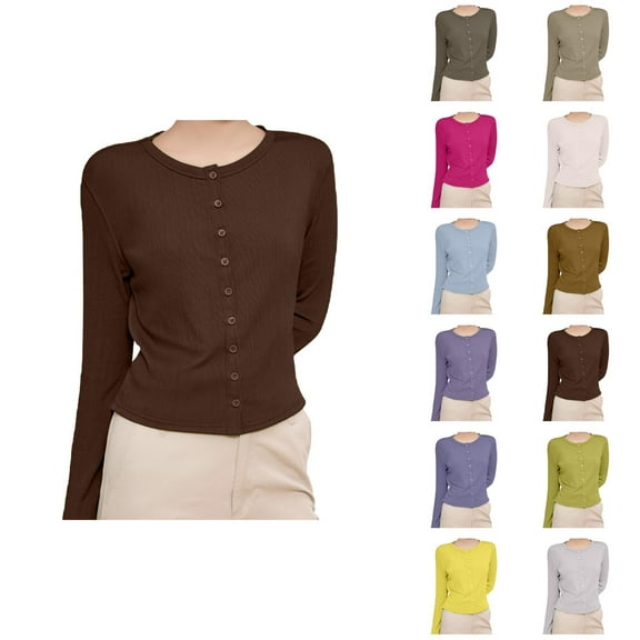 Cardigan Sweaters for Women 2025 Fall Long Sleeve Crewneck Button Down Plain Knit Cardigan Sweaters Blouse Top