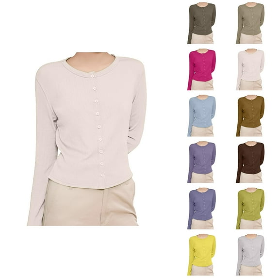 Cardigan Sweaters for Women 2025 Fall Long Sleeve Crewneck Button Down Plain Knit Cardigan Sweaters Blouse Top