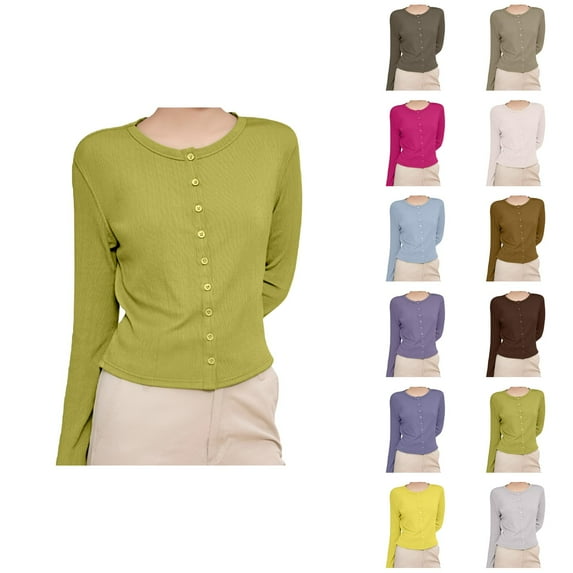 Cardigan Sweaters for Women 2025 Fall Long Sleeve Crewneck Button Down Plain Knit Cardigan Sweaters Blouse Top