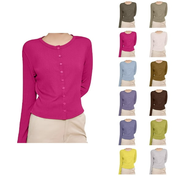 Cardigan Sweaters for Women 2025 Fall Long Sleeve Crewneck Button Down Plain Knit Cardigan Sweaters Blouse Top