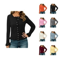 Cardigan Sweaters for Women 2025 Fall Winter Long Sleeve Crewneck Button Down Ruffled Knit Sweater Cardigans