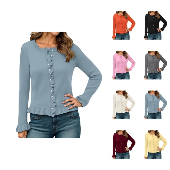 Cardigan Sweaters for Women 2025 Fall Winter Long Sleeve Crewneck Button Down Ruffled Knit Sweater Cardigans