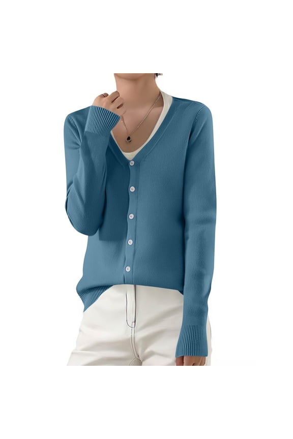 Cardigan Sweaters for Women 2025 Lightweight Knit Cardigan Long Sleeve V Neck Button Down Fall Outerwear Blue XL